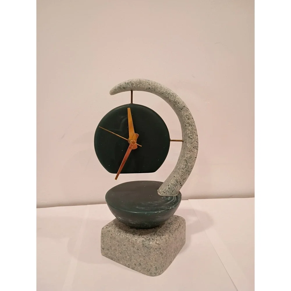 Vintage Clock Mid Century Signed Hand Crafted Green Stone Artisan - Hebrew Works